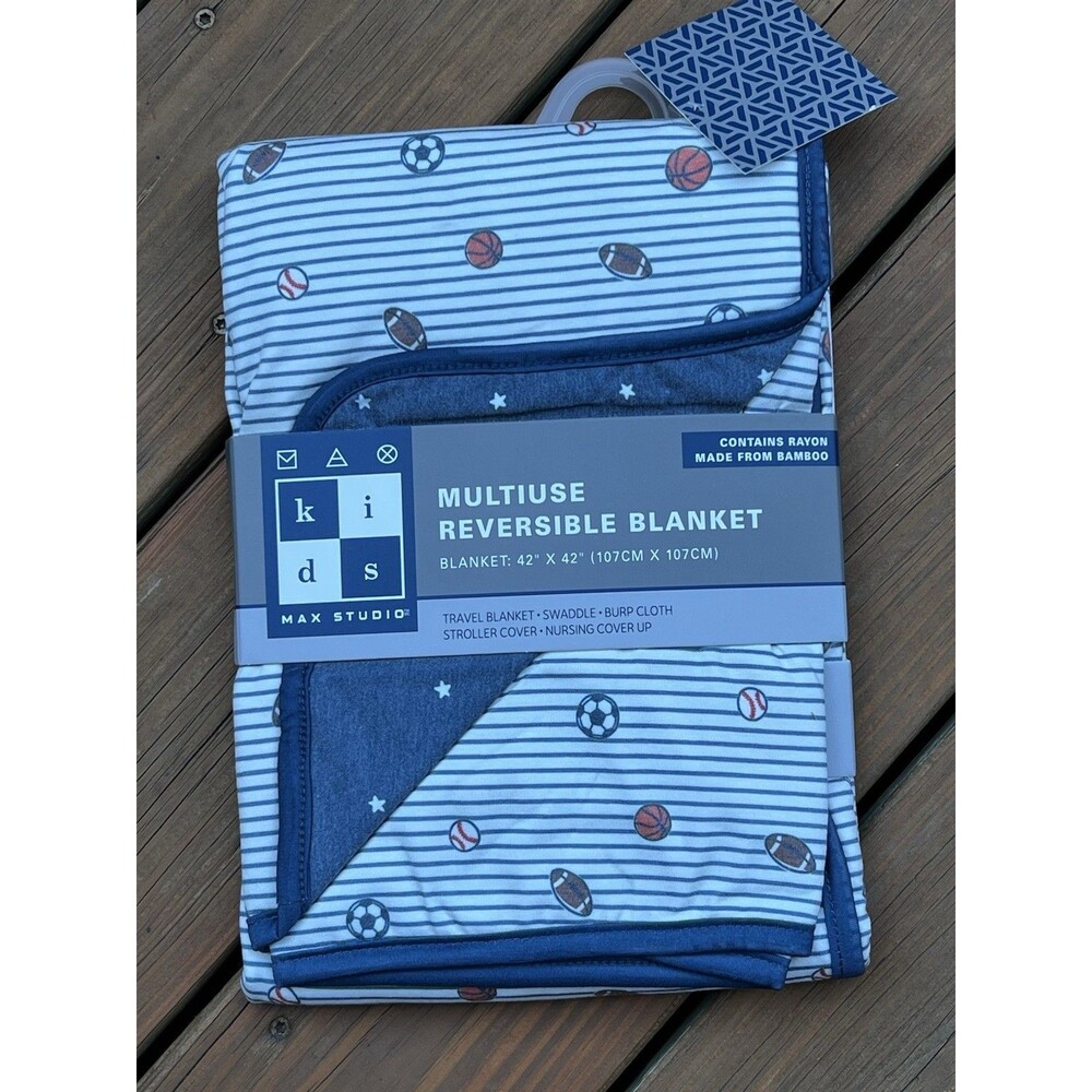Max Studio Baby Travel Blanket Stripes Football Soccer Balls Reversible Blue New